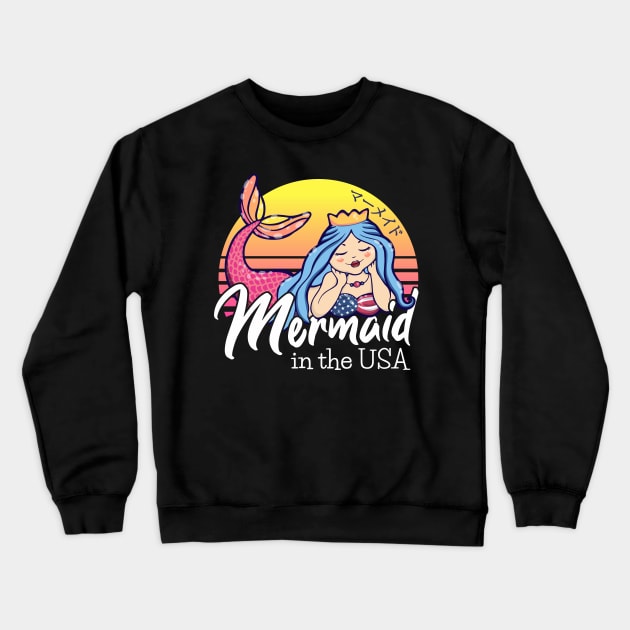 Vaporwave Aesthetic Sunset Mermaid In The Usa Crewneck Sweatshirt by zeno27